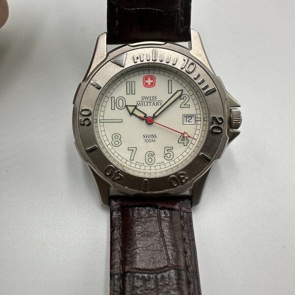 Swiss Military Watch Men Silver Tone Brown Leather Band Water Resistant Works - Picture 3 of 12